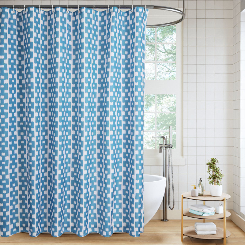 Ensemble de rideau de douche imprimé en tissu texturé Slub avec 12 crochets de douche en plastique, Mosaïque azur
