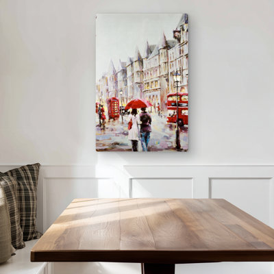 European Street by a Rainy Day - Red Metal Print Decor