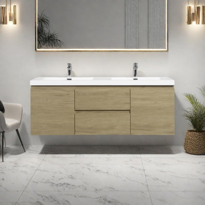 60" Floating Bathroom Vanity with Sink and Double Resin Basins