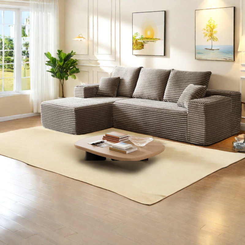 Canapés modernes à compression, grande méridienne en velours côtelé moelleux de 272 cm pour la maison, Brun 2