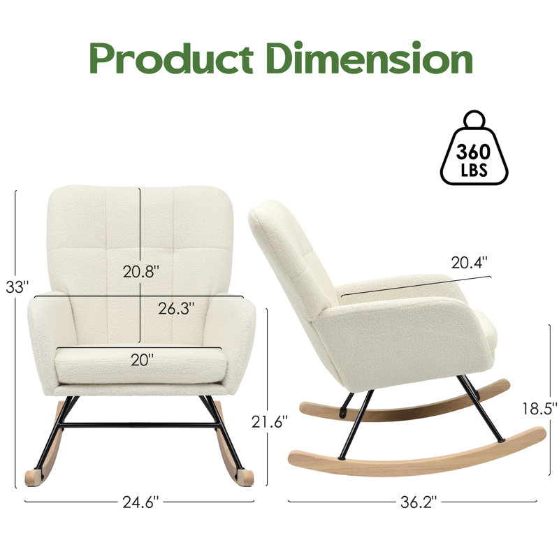 Modern Nursery Rocking Chair, Teddy Upholstered Rocker with Solid Wood Base, Beige