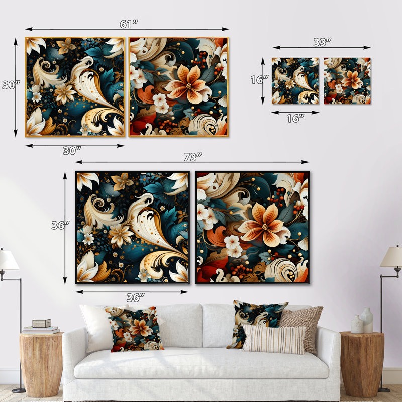 Aries - Ensemble de 2 collages floraux et botaniques carrés, H 36 po x l 73 po, Cadre flottant noir