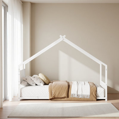 Twin Size House Bed With Roof And Colorful Lights, Metal Bed Frame With Slats And Legs, House Bed For Boy, Girls And Young Teens, No Box Spring Needed
