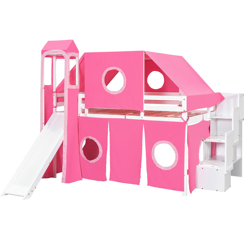 Lit mezzanine double avec tente et tour rose. Fabriqué en bois de pin massif. Fenêtre de conception inspirée d'une maisonnette. Vaste espace de rangement. L 94,6 po x l 99,5 po x H 78,9 po. Matelas non inclus. Assemblage