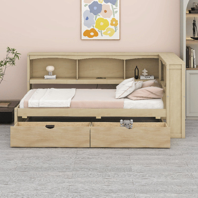 Lit de jour simple avec 2 tiroirs, ports USB, tête de lit et buffet de rangement, Naturel