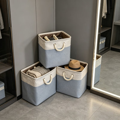 Grands cubes de rangement en tissu pour rangement pour garde-robe et cubes, paquet de 3, 13 x 13 x 12,5 pouces, fond renforcé en lin et en EVA, avec poignées en coton robuste