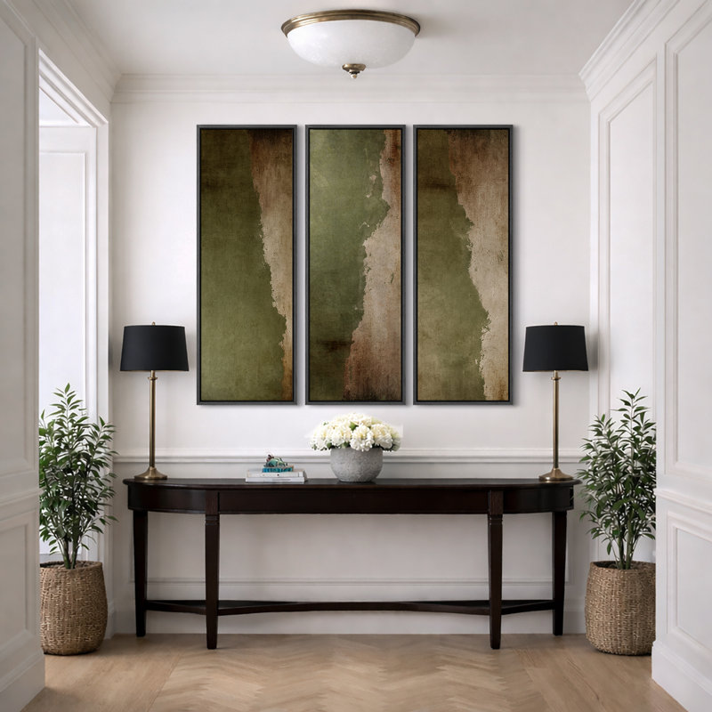 Subtile olive verte abstraite tons de terre triptyque - images très grandes impressions sur toile encadrées 3 pièces