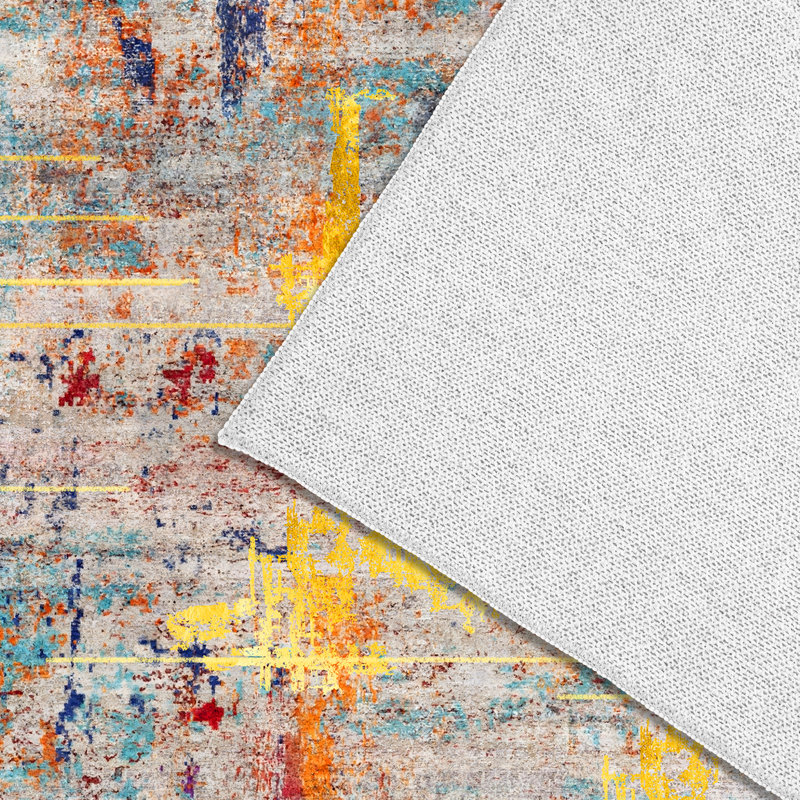 Colorful Distressed Modern Rug & Blue, Gray, Orange Abstract Shapes, Indoor Non-Slip Carpet , Rectangle 6' x 9'
