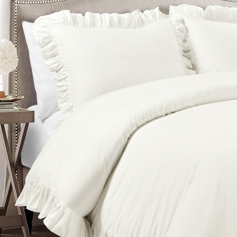 Off-White Ruffled Cotton Full/Queen Duvet Cover Set