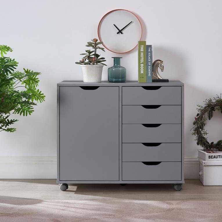 Gray Medium Wood 5-Drawer Mobile Lateral File Cabinet