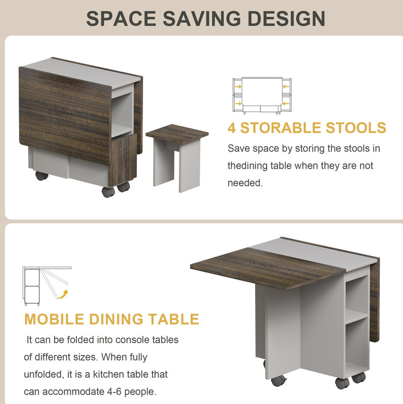 The 55'' Drop-Leaf Wood Kitchen and Dining Room Table Set features storage and 6 wheels, perfect for saving space in small areas. Available in Brown.