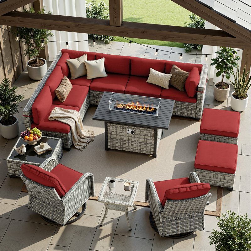 13-Piece Wicker Patio Conversation Set With Fire Pit Table, Modular Sectional, Swivel Rocker Chairs & Ottomans, Red