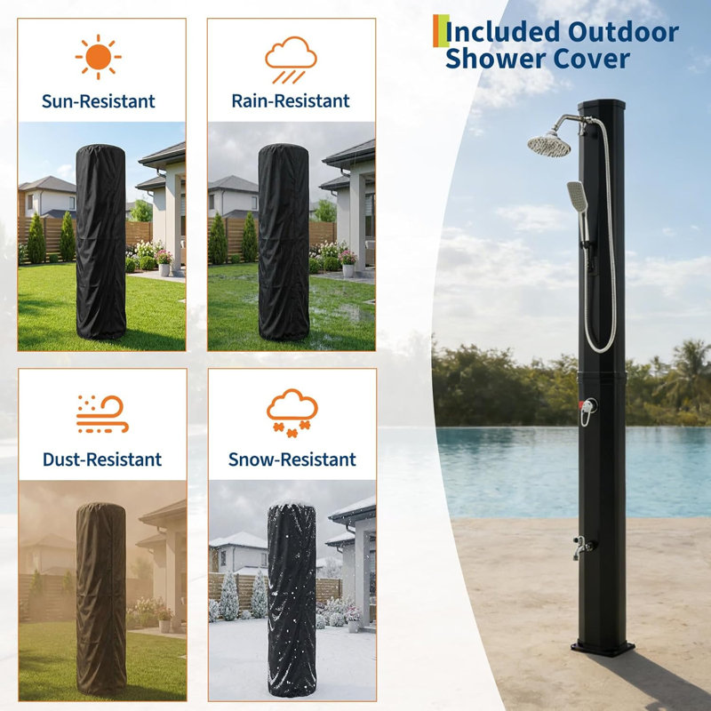 9.3 Gallon Solar Heated Outdoor Shower | 360° Rainfall & 6FT Handheld Sprayer | Freestanding Pool Shower with Foot Faucet | Hot & Cold Water Adjustment | Beach Garden Spa Shower with Protective Cover