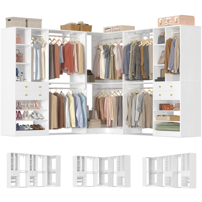 Navada 90.5"-149.5" Closet System with Wooden Drawers and Shoe Racks, White