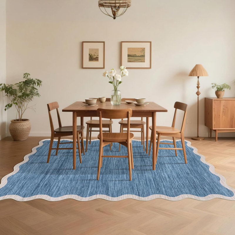 Scalloped Washable Rug – Soft, Non-Slip, Beige Boho Carpet for Living Room, Bedroom, Kitchen (Beige), Rectangle 9' x 12'
