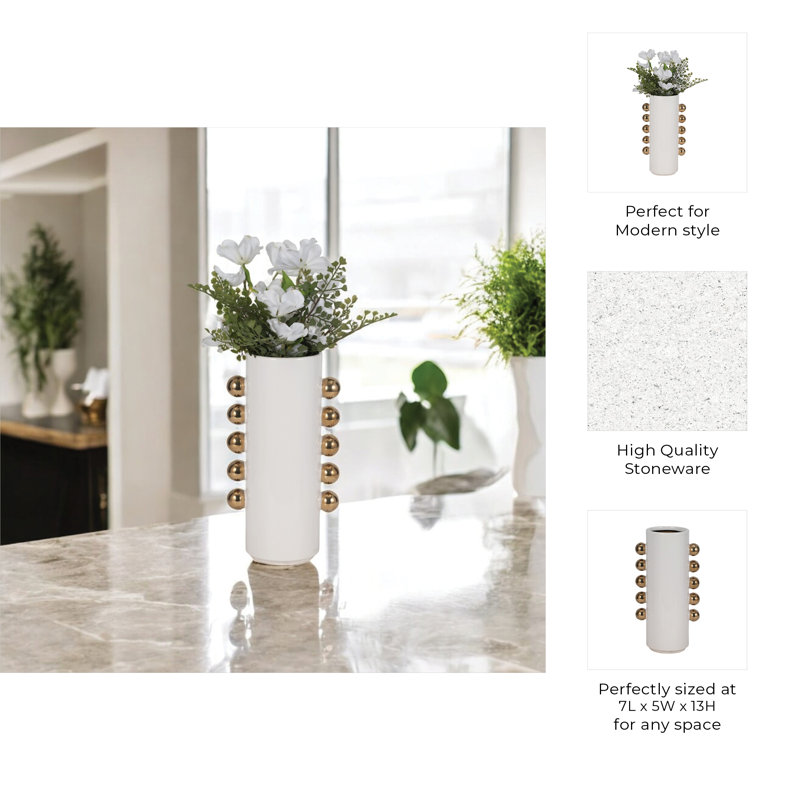 Stoneware Vase with Decorative Spherical Accents and Contemporary Design - Modern Stylish Stoneware Cylinder with Unique Orb Details for Chic Aesthetic Appeal
