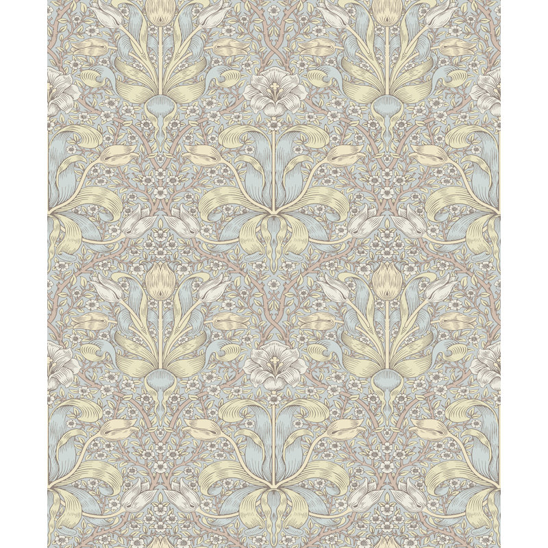Spring Thicket Blue Tulip Damask Wallpaper, Light Gray