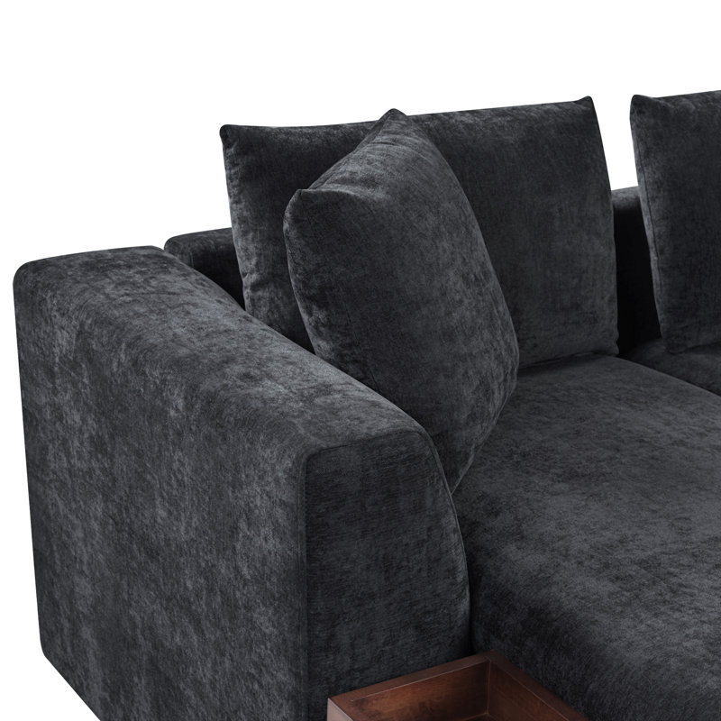 Sectional Sofa 93.7" L-Shaped Sofa Upholstered Sofa Couch With Wooden Storage Compartment For Living Room, Black Chenille
