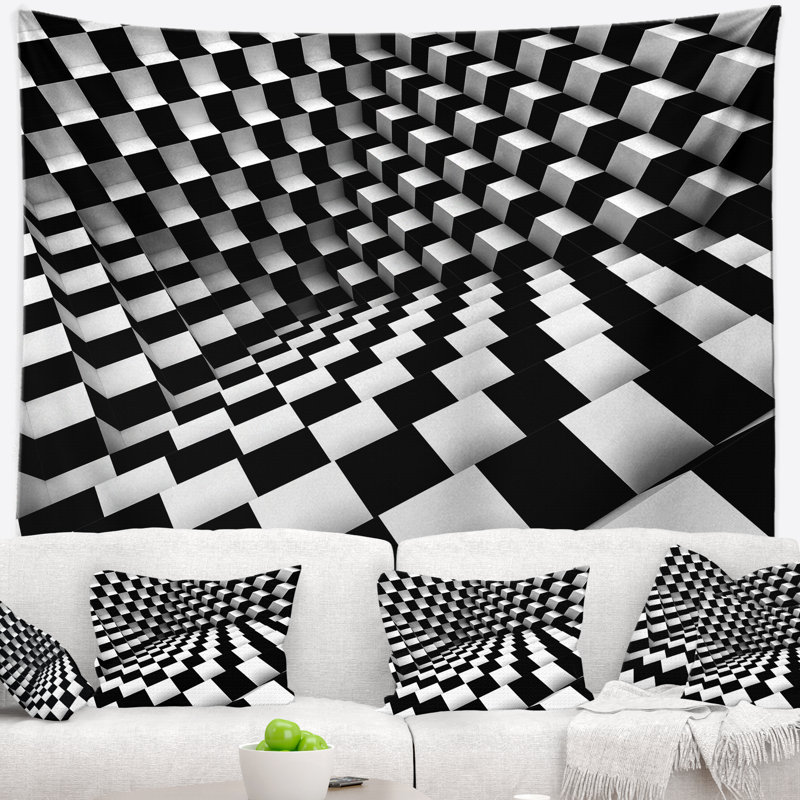 Tapisserie optique noire et blanche abstraite, H 32 po x l 39 po