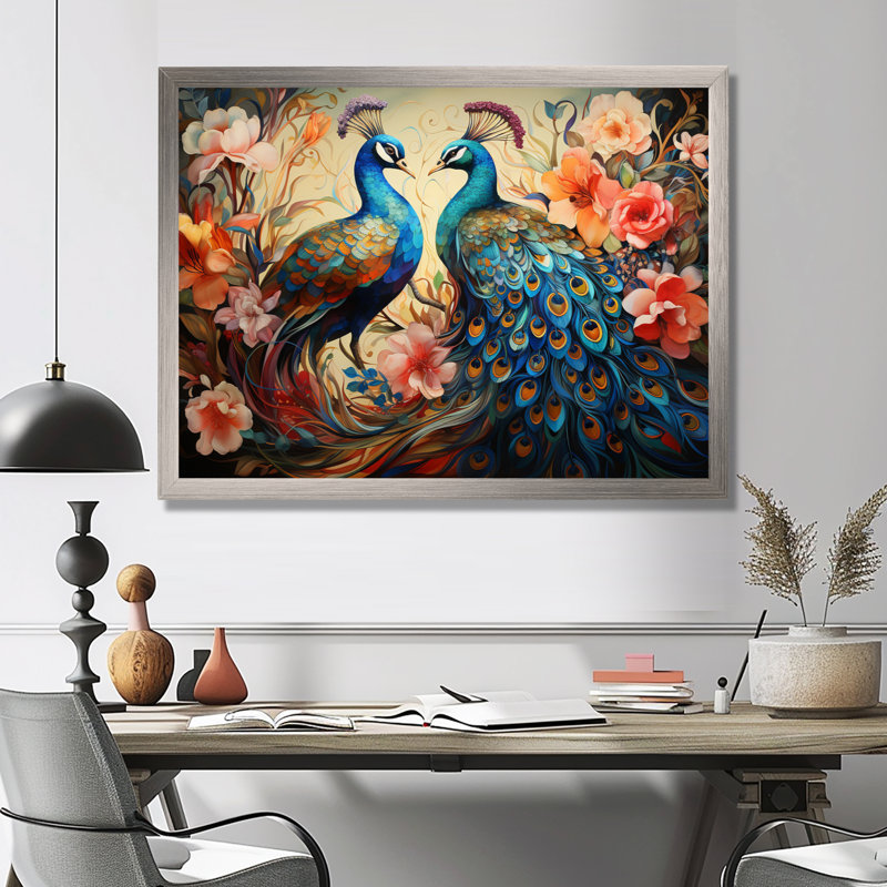 «Blue Coral Indian Art Dancing Peacocks I», art mural indien, H 34 po x l 44 po x P 1,5 po, Cadre simple argenté