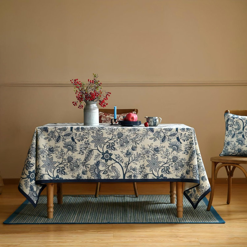 Nappe bleue florale en lin rectangulaire 55 po x 71 po lavable pour l'Action de grâce et pour Noël
