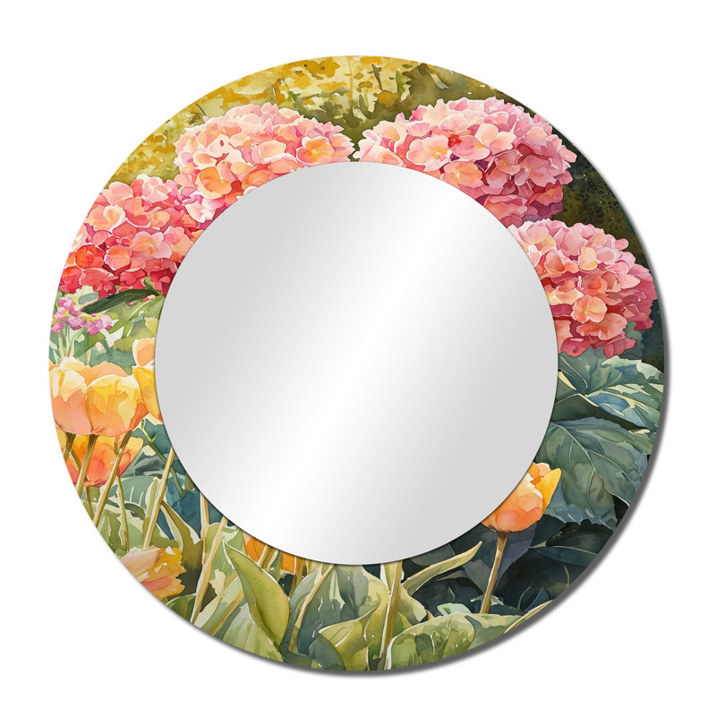 Hortensias dans le jardin printanier I - art mural traditionnel miroir décoratif - imprimé sur métal, 36 po x 36 po