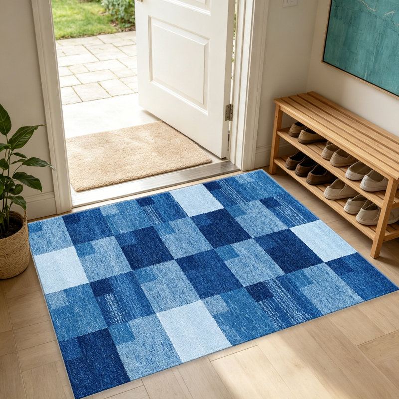 Blue and Light Blue Checkered Geometric carpet-easy to clean, machine-washable, soft and comfortable; suitable for door mats, kitchens, living rooms, bedrooms, corridors, and laundry areas. Easy to clean, durable carpet for home decoration.
