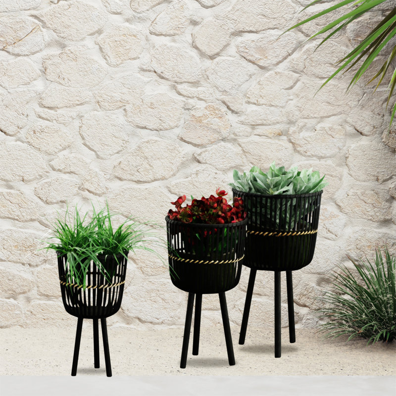 S/3 Bamboo Footed Planters 11/13/15", Black