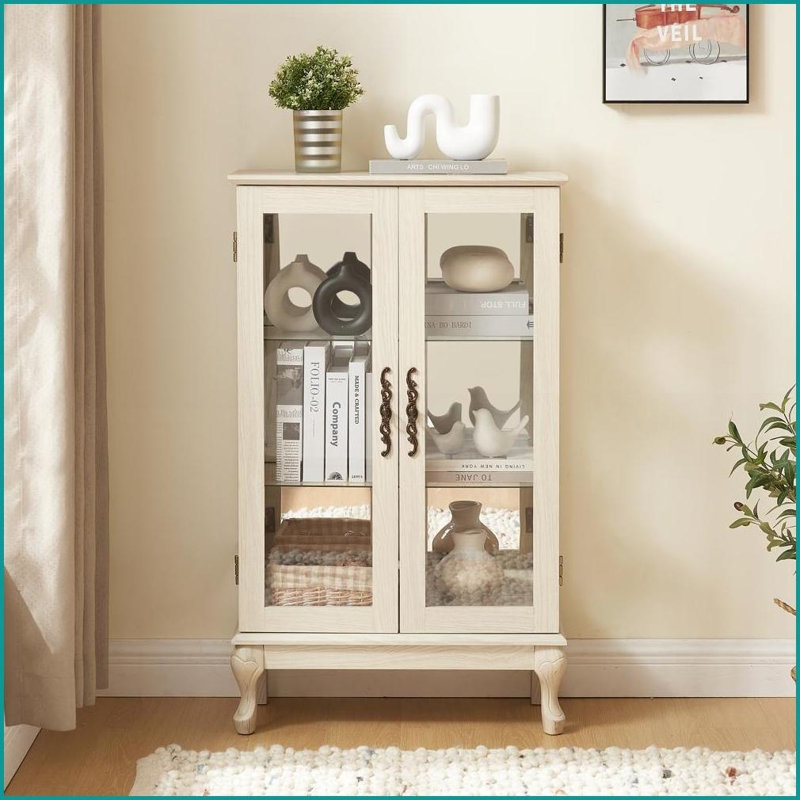 Vitrine avec portes en verre trempé, dossier en miroir et amp; Tablettes réglables - éclairées | Blanc | Panneau de fibres à densité moyenne + verre