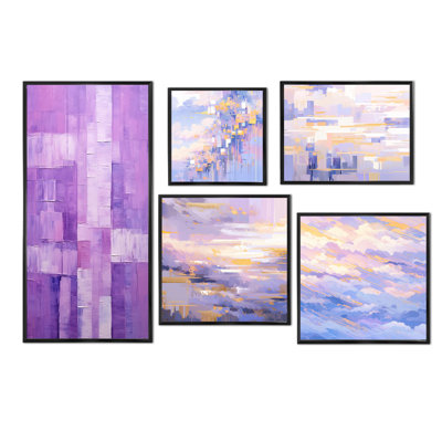 Art Deco Lavender Abstract Lines - Abstract Collages Wall Art Living Room Set Of 5