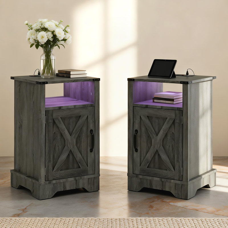 Led Nightstand With Charging Station, Gray, Set of 2