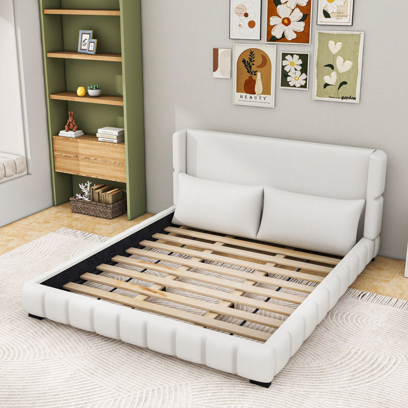 Upholstered Platform Bed with Pillows, White, King