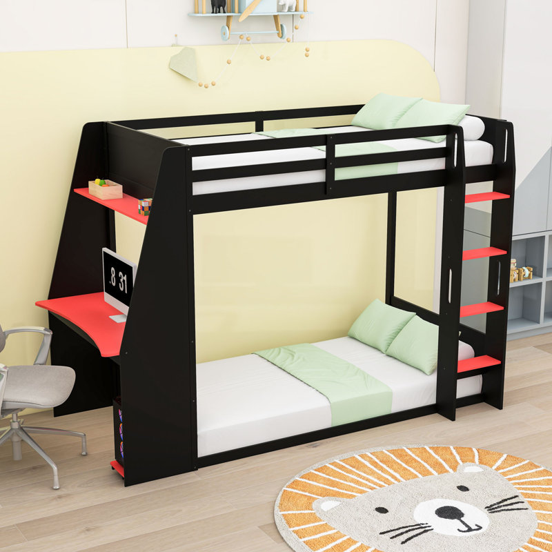 Lit superposé en bois avec bureau, chargement USB, DEL et tablettes, Simple sur simple, Noir / rouge