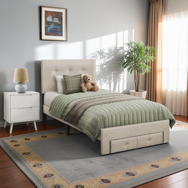 Lit plateforme tapissier simple avec tiroirs de rangement en lin transitionnel beige
