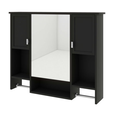 Armoire de rangement pour salle de bain au-dessus de la toilette, 35 po x 28 po, fixée au mur avec porte en miroir, tablette ouverte, compartiment latéral et barre à serviettes