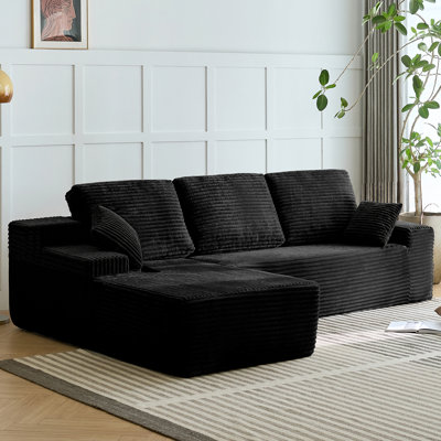 Compression-Boneless 96" L-Shaped Cloud Sectional Sofa with Oversized Chaise, Modular 3-Seater Corduroy Couch for Living Room & Bedroom, Deep Seat No Assembly Required （Black.Left t Hand Facing)