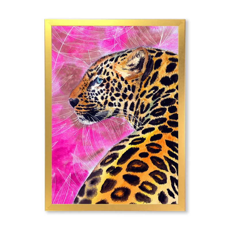 Léopard doré avec taches noires sur fond rose - reproduction sur toile, H 32 po x l 24 po, Impression encadrée, Doré