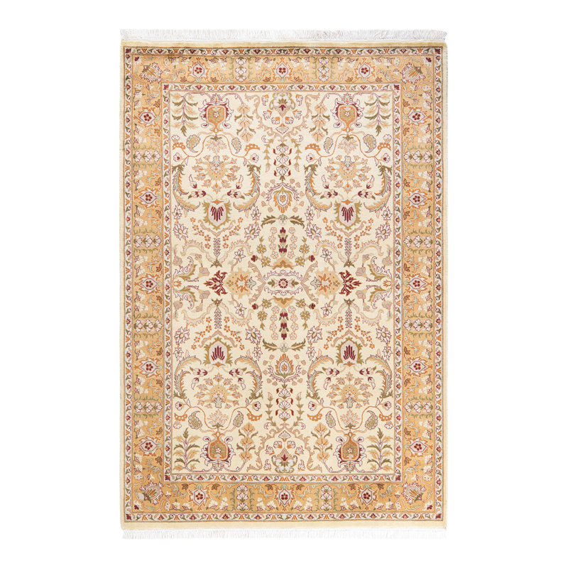 Tapis unique noué à la main Hayner - ivoire / brun clair / rouge, 4 pi 2 po x 6 pi 3 po
