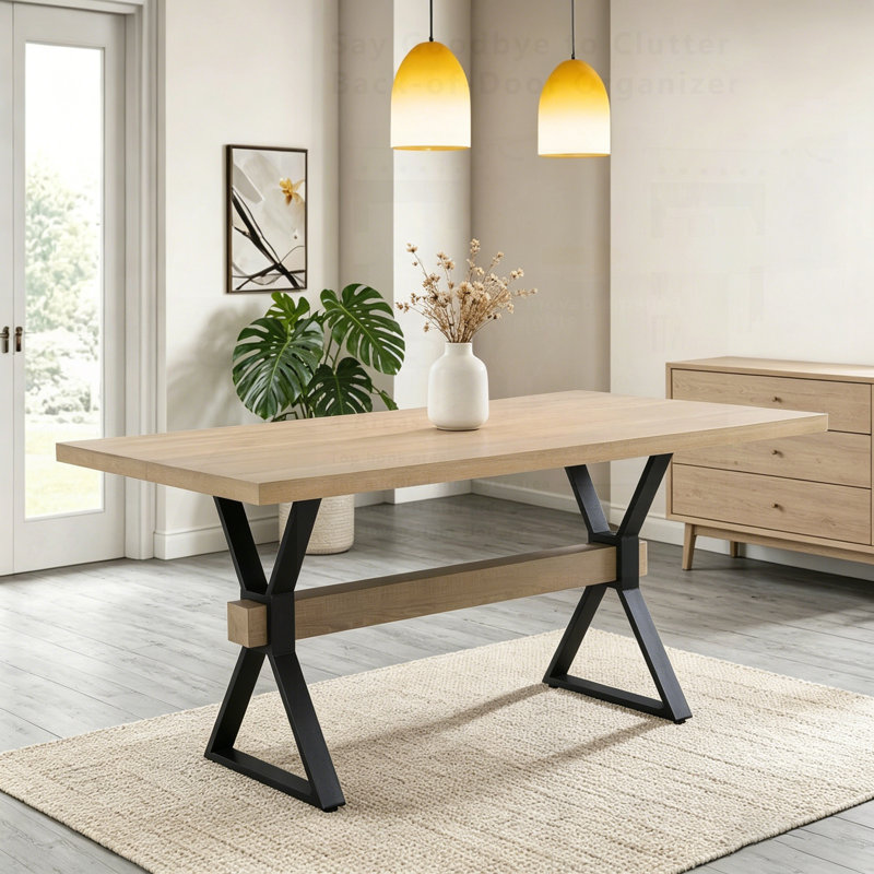 Élégante table de salle à manger à pieds en X avec une fabrication durable et une surface spacieuse, parfaite pour les réunions de famille et les intérieurs modernes.