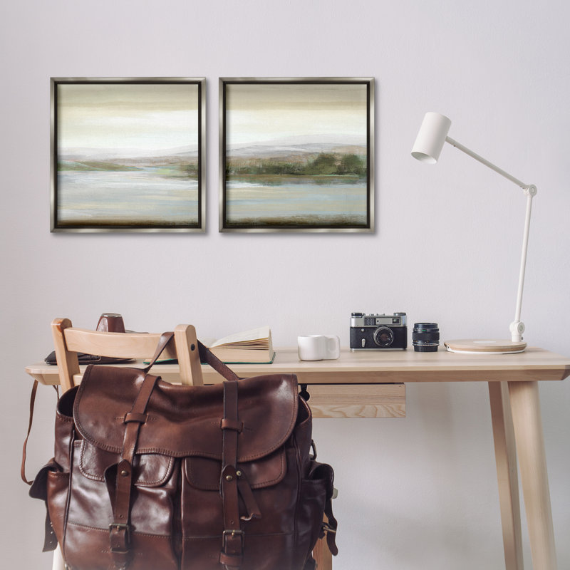 «Abstract Lakeside Landscape», ensemble de 2 toiles flottantes encadrées par Nan, Cadre flottant gris lustré
