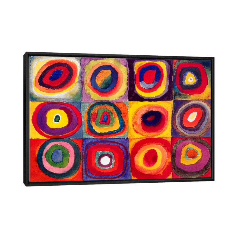 "carrés avec cercles concentriques" par wassily kandinsky,-impression, Toile avec cadre noir, H 32 po x l 48 po x P 1,5 po