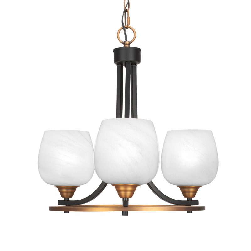 Lustre 3 lumières Uplight montré en noir mat et finition laiton avec verre de marbre blanc de 6 po