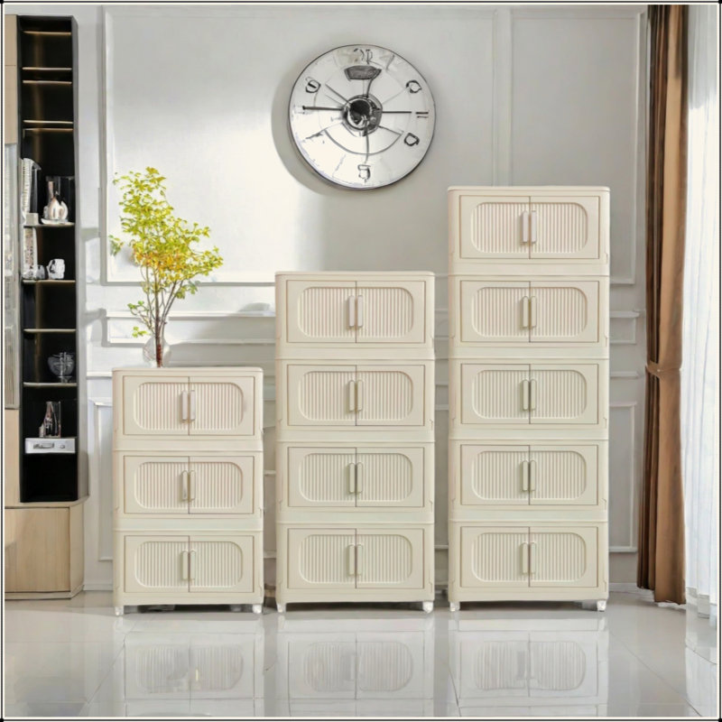 Black,19.69" Side Wide Folding Storage Cabinet ,3 Tiers,19.69"×11.81"×31.10",Collapsible Storage Bins With Magnetic Door, Plastic Storage Cabinet With Wheels