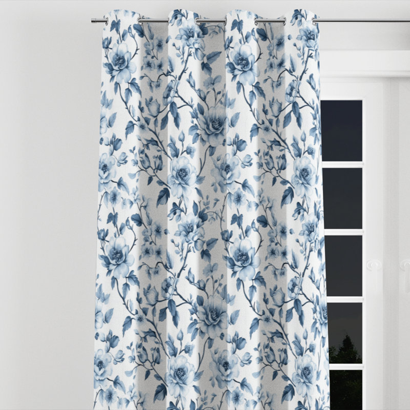 French Country Blackout Curtains - Blue Boid Grommet Curtain - 1 Panel, 52" W x 108" L, Silver Grommets
