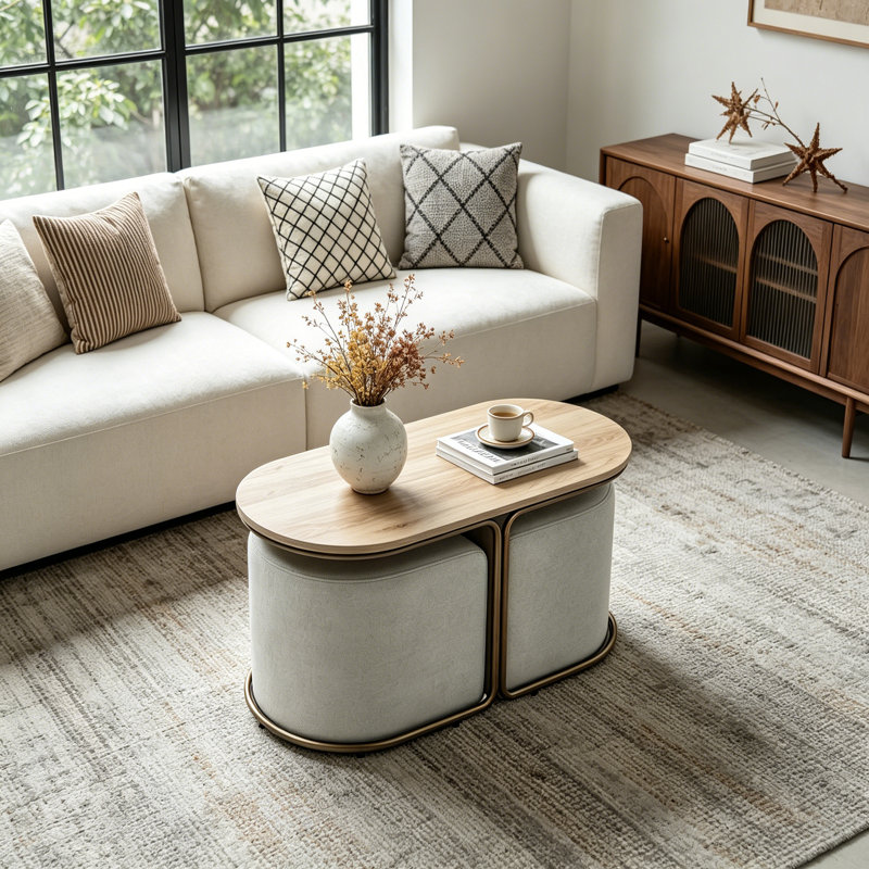 Mira 30.7" Modern Oval Wooden Coffee Table  with 2 Hidden Stools, Oak/Gold/Light Gray