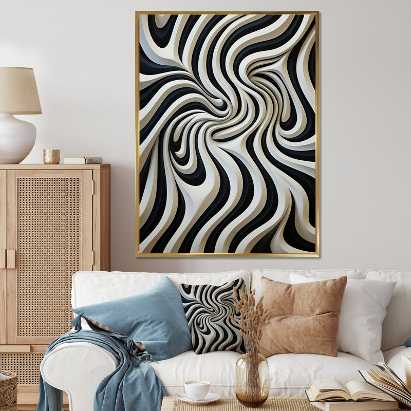 Impression sur toile abstraite noir et blanc Opt Art In II, H 20 po x l 12 po, Cadre flottant doré