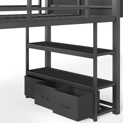 Lit mezzanine bas simple en métal pour enfants, lit mezzanine bas avec tiroir de rangement, lit mezzanine bas avec bibliothèque et sac de rangement, structure de lit mezzanine basse robuste avec espace de rangement ouvert pour la chambre à coucher