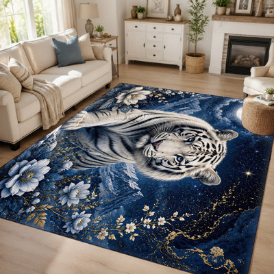 Tapis de sol 1 pièce, motif tigre blanc et fleurs bleues - Art animalier saisissant, ciel nocturne céleste, portrait réaliste, accents floraux oniriques, grand tapis antidérapant pour salon, chambre, bureau, décoration intérieure