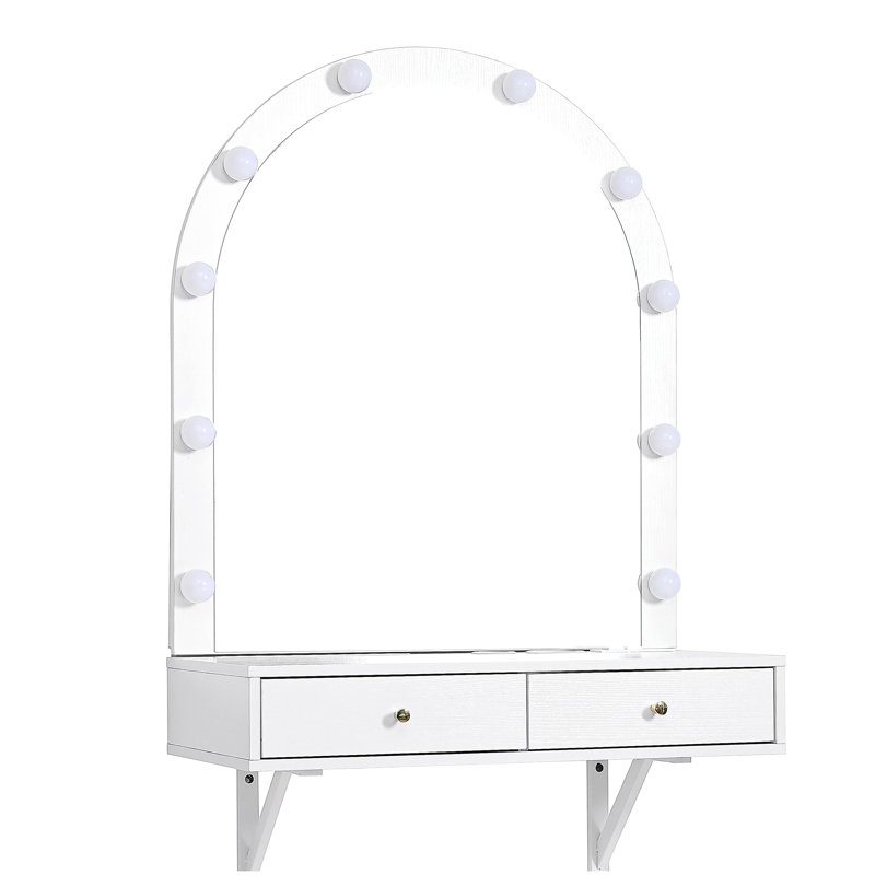 Floating Makeup Vanity Desk with Mirror & 3-Color Lights, Wall Dressing Table with Power Outlet, Compact vanity, Large Storage, White