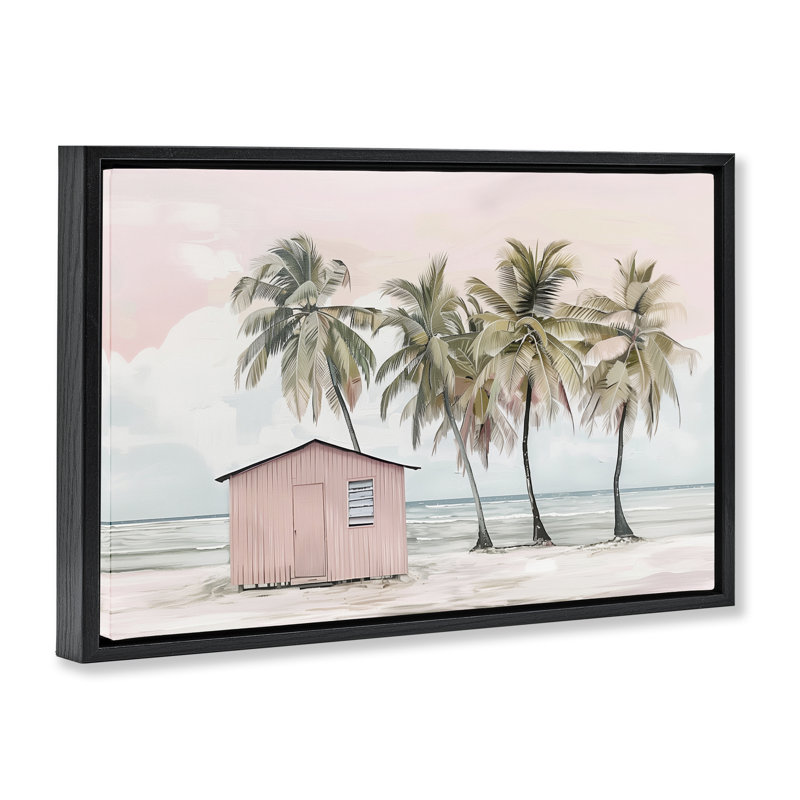  Toile flottante encadrée "Pink Beach Hut & Palms" par Arlington Prints, Cadre flottant noir de jais, H 21 po x l 31 po